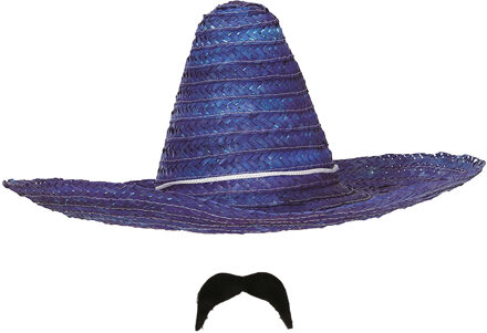 Carnaval verkleed setje - Mexicaanse sombrero hoed met plak nepsnor - blauw - heren