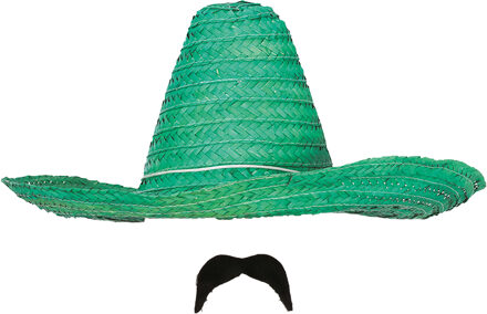Carnaval verkleed setje - Mexicaanse sombrero hoed met plak nepsnor - groen - heren