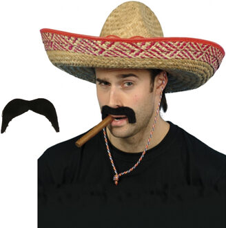 Carnaval verkleed setje - Mexicaanse sombrero hoed met plak nepsnor - naturel - heren
