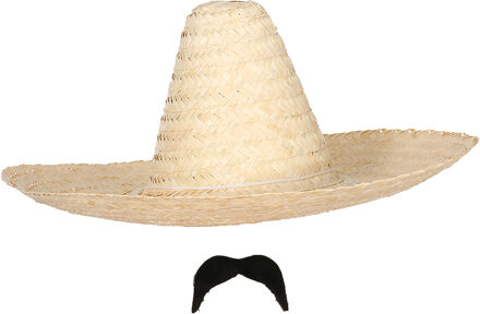 Carnaval verkleed setje - Mexicaanse sombrero hoed met plak nepsnor - naturel - heren