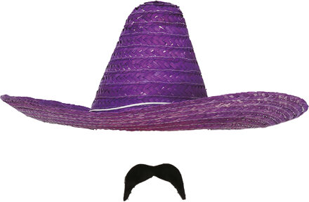 Carnaval verkleed setje - Mexicaanse sombrero hoed met plak nepsnor - paars - heren