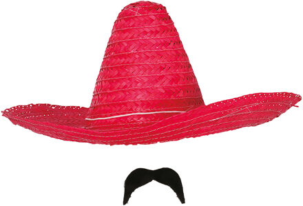 Carnaval verkleed setje - Mexicaanse sombrero hoed met plak nepsnor - rood - heren