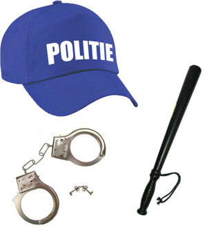Carnaval verkleed speelgoed - Politiepet blauw - voor kinderen - gummi knuppel 50 cm - en handboeien