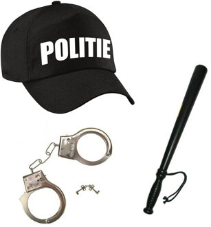 Carnaval verkleed speelgoed politiepet - zwart - voor kinderen - gummi knuppel - en handboeien