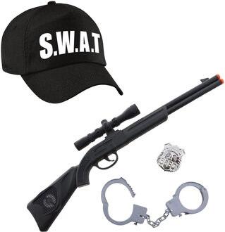 Carnaval verkleed speelgoed - SWAT team politiepet - zwart - voor kinderen - met geweer/handboeien
