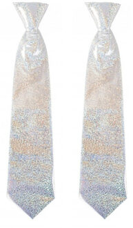 Carnaval verkleed stropdas - 2x - glitter zilver - volwassenen - 40 cm - met elastiekje