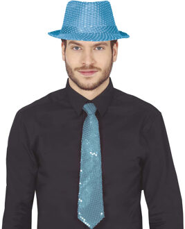 Carnaval verkleed stropdas en hoed - blauw - pailletten - volwassenen - verkleed accessoires