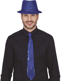 Carnaval verkleed stropdas en hoed - donkerblauw - pailletten - volwassenen - verkleed accessoires