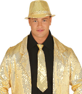 Carnaval verkleed stropdas en hoed - goud - pailletten - volwassenen - verkleed accessoires