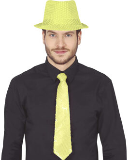 Carnaval verkleed stropdas en hoed - neon geel - pailletten - volwassenen - verkleed accessoires