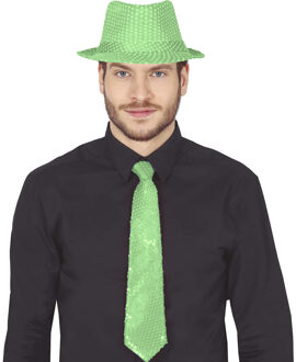 Carnaval verkleed stropdas en hoed - neon groen - pailletten - volwassenen - verkleed accessoires