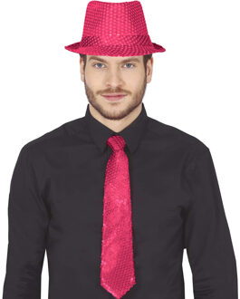 Carnaval verkleed stropdas en hoed - neon roze - pailletten - volwassenen - verkleed accessoires