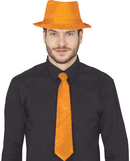 Carnaval verkleed stropdas en hoed - oranje - pailletten - volwassenen - verkleed accessoires