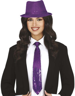 Carnaval verkleed stropdas en hoed - paars - pailletten - volwassenen - verkleed accessoires
