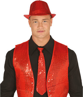 Carnaval verkleed stropdas en hoed - rood - pailletten - volwassenen - verkleed accessoires