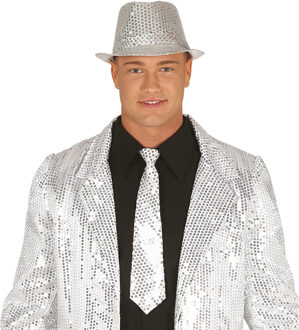 Carnaval verkleed stropdas en hoed - zilver - pailletten - volwassenen - verkleed accessoires