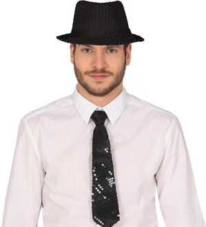 Carnaval verkleed stropdas en hoed - zwart - pailletten - volwassenen - verkleed accessoires