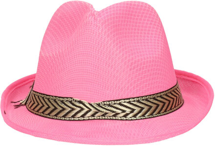 Carnaval verkleed Trilby/gangster hoedje - roze - polyester - heren/dames