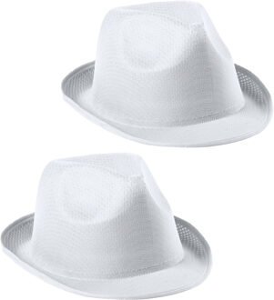 Carnaval verkleed trilby hoedje - 2x - wit - polyester - volwassenen/heren/dames