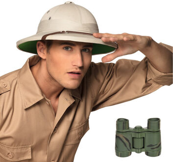 Carnaval verkleed Tropenhelm - beige - Ontdekkingsreiziger - met verrekijker - volwassenen