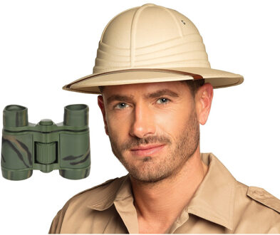 Carnaval verkleed Tropenhelm - beige - Ontdekkingsreiziger - met verrekijker - volwassenen