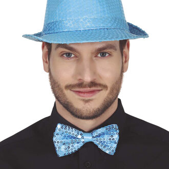 Carnaval verkleed vlinderstrikje - glitter pailletten - blauw - polyester - volwassenen/unisex