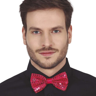 Carnaval verkleed vlinderstrikje - glitter pailletten - fuchsia roze - polyester -volwassenen/unisex