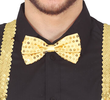 Carnaval verkleed vlinderstrikje - glitter pailletten - goud - polyester - volwassenen/unisex