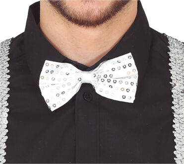 Carnaval verkleed vlinderstrikje - glitter pailletten - zilver - polyester - volwassenen/unisex