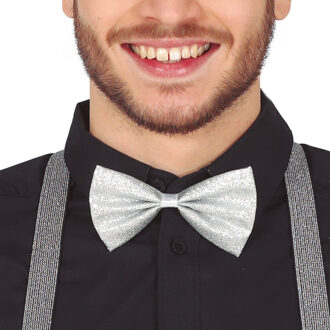 Carnaval verkleed vlinderstrikje - glitter zilver - polyester - volwassenen/unisex