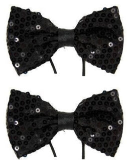 Carnaval verkleed vlinderstrikje met pailletten glitters - 2x - zwart - volwassenen