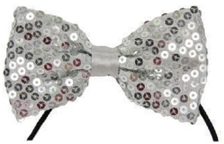 Carnaval verkleed vlinderstrikje met pailletten glitters - zilver - Verkleedstrikjes Zilverkleurig