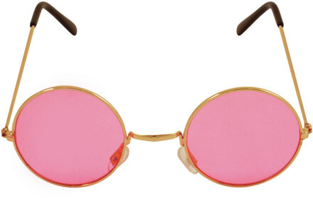Carnaval verkleedbril - ronde glazen - roze - flower power - hippie