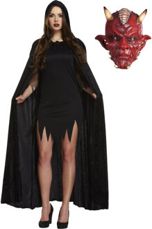 Carnaval verkleedkleding set Duivel - Latex masker - Cape met capuchon rood - volwassenen - One size