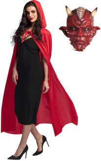 Carnaval verkleedkleding set Duivel - Latex masker - Cape met capuchon rood - volwassenen - One size