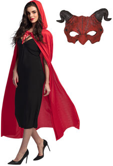 Carnaval verkleedkleding set Duivel - Latex masker - Cape met capuchon rood - volwassenen One size