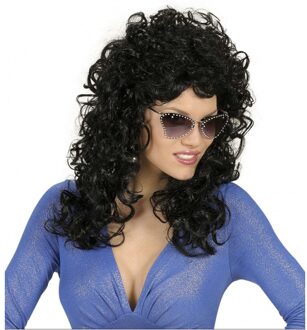 Carnaval Verkleedpruik - lange zwarte krullen - jaren 70/80 stijl