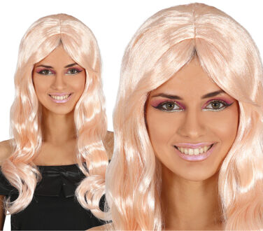 Carnaval verkleedpruik voor dames - lang haar - golvend - lichtroze - Prinses/Diva/jaren 70