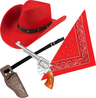 Carnaval verkleeds set cowboyhoed Billy - rood - rode hals zakdoek - holster met revolver