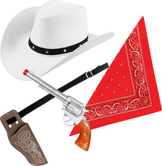 Carnaval verkleeds set cowboyhoed Billy - wit - rode hals zakdoek - holster met revolver