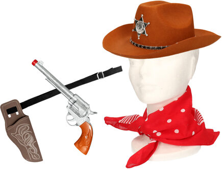 Carnaval verkleeds set cowboyhoed Kentucky - bruin - rode hals zakdoek - holster met revolver