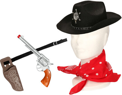 Carnaval verkleeds set cowboyhoed Kentucky - zwart - rode hals zakdoek - holster met revolver