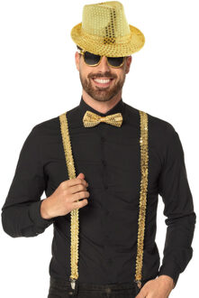 Carnaval Verkleedset - bretels/bril/strikje en hoed - goud - disco/seventies/80's - themafeest