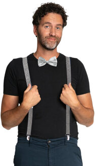 Carnaval verkleedset bretels en strik - zilver - volwassenen/unisex - feestkleding accessoires