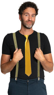Carnaval verkleedset bretels en stropdas - goud - volwassenen/unisex - feestkleding accessoir