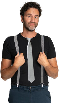 Carnaval verkleedset bretels en stropdas - zilver - volwassenen/unisex - feestkleding accessoir