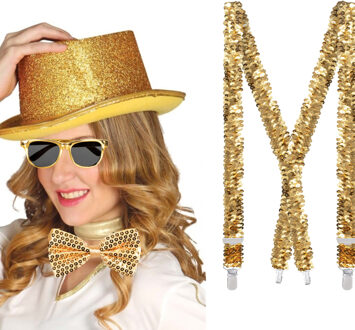 Carnaval Verkleedset - bretels/strik/bril en hoed - goud - disco/seventies/80's - themafeest