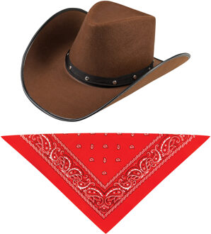Carnaval verkleedset cowboyhoed Billy Boy - bruin - met rode hals zakdoek - voor volwassenen