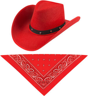 Carnaval verkleedset cowboyhoed Billy Boy - rood - met rode hals zakdoek - voor volwassenen