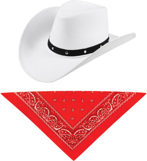 Carnaval verkleedset cowboyhoed Billy Boy - wit - met rode hals zakdoek - voor volwassenen